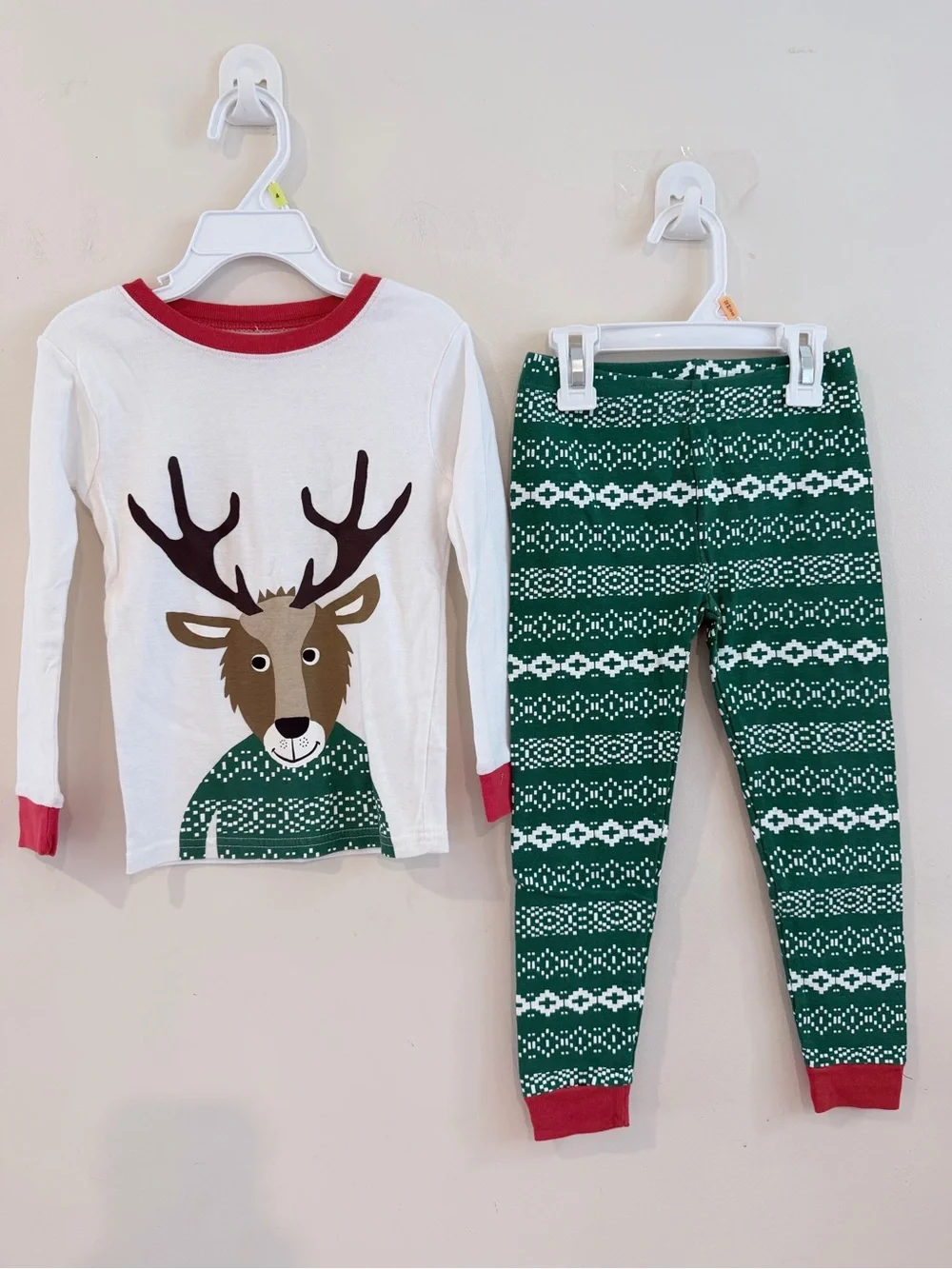 Carter's White & Green Reindeer Pajama Set with Red Trim